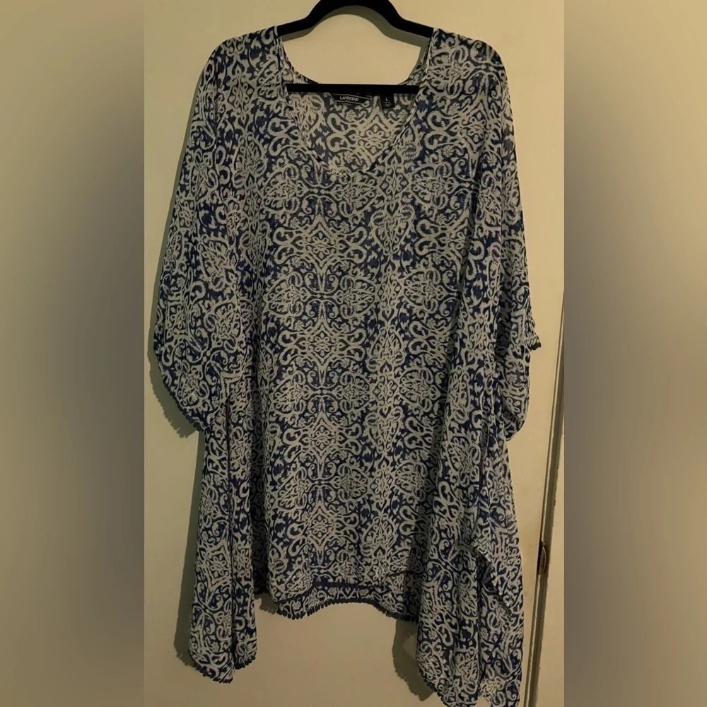Lands' End Womens sz L (14-16) Sheer Swim Coverup Blue White Lace Trim Geometric